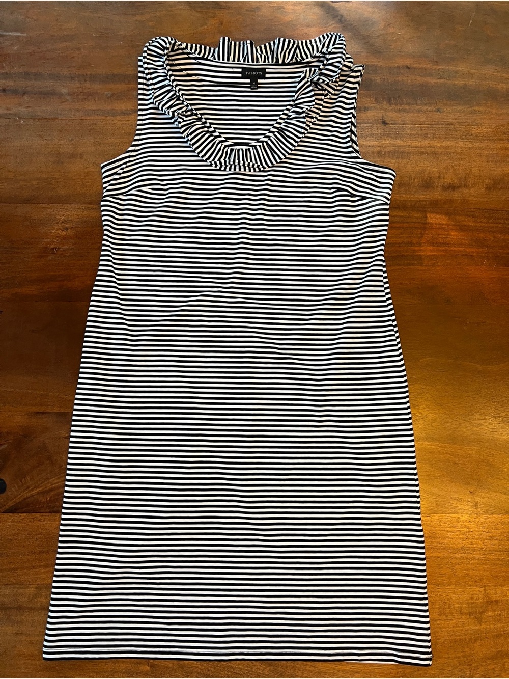 Talbots Womens Striped Stretch Ruffle Neck Sleeveless Dress Black/White Med